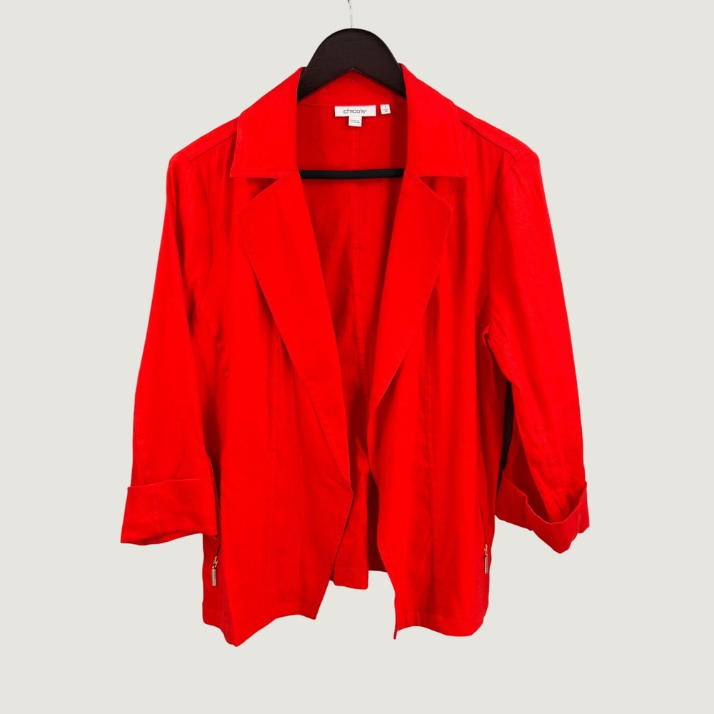 Chicos Linen Blend Open Front Jacket Size Medium / 1 Red Roll Tab Zip Pocket